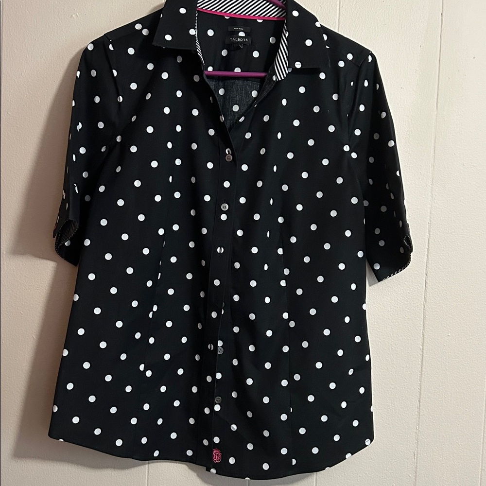 Talbots Black Blouse with White Polka Dots Size 8 Non Iron